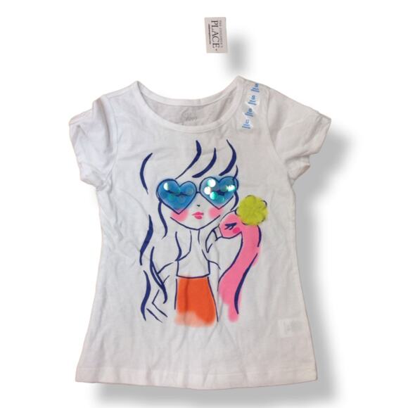 The Children's Place Girls Tee Size S 5 6 Fashionista Bling Sunglasses White NEW - Picture 1 of 4